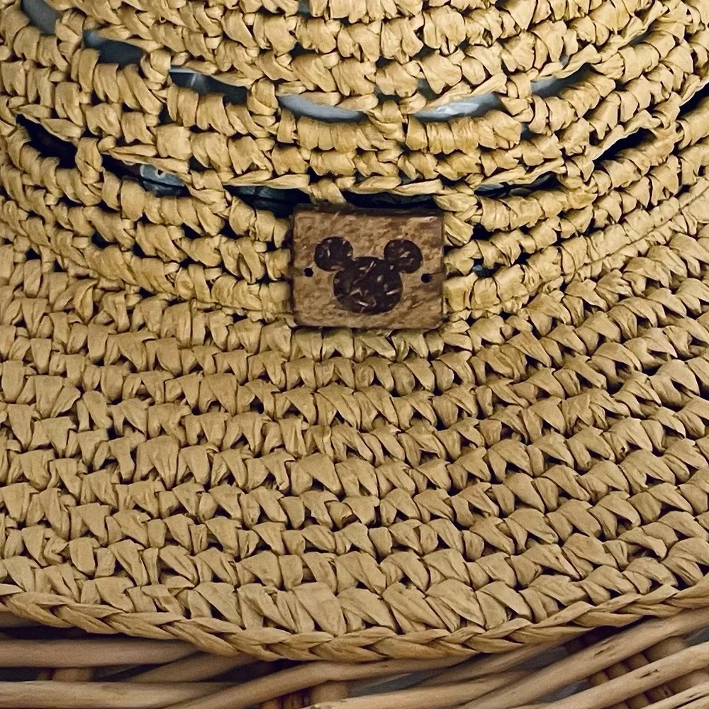 Disney Parks Mickey Mouse Woven Straw Floppy Hat Carved Wood Mickey Mouse summer